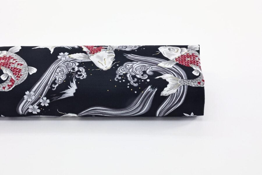 Fabric Koi Carp mount Fuji with wave black background