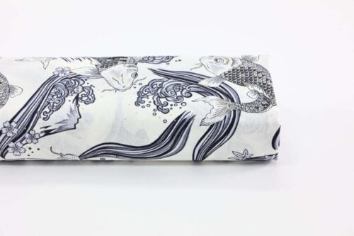 Fabric Koi Carp mount Fuji with wave white background
