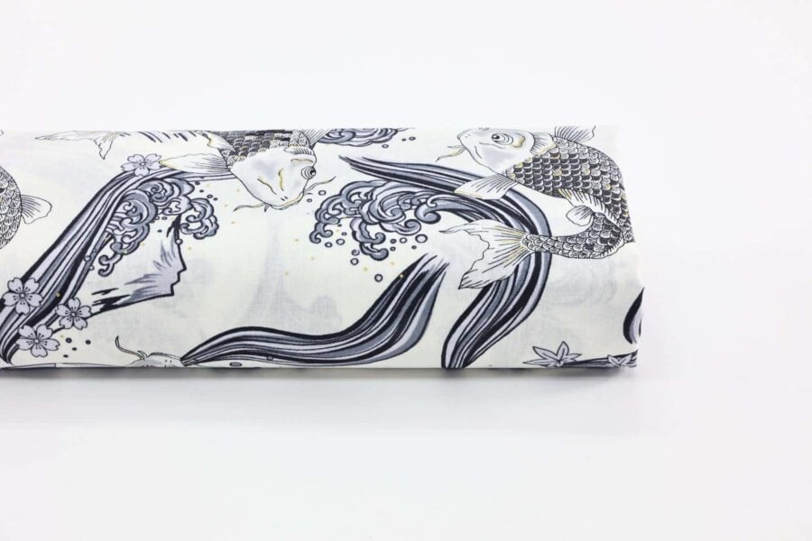 Fabric Koi Carp mount Fuji with wave white background