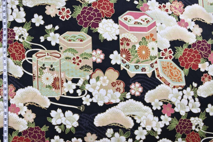 Japanese fabric Kaike with colorful flowers black background
