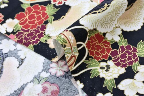 Japanese fabric Kaike with colorful flowers black background