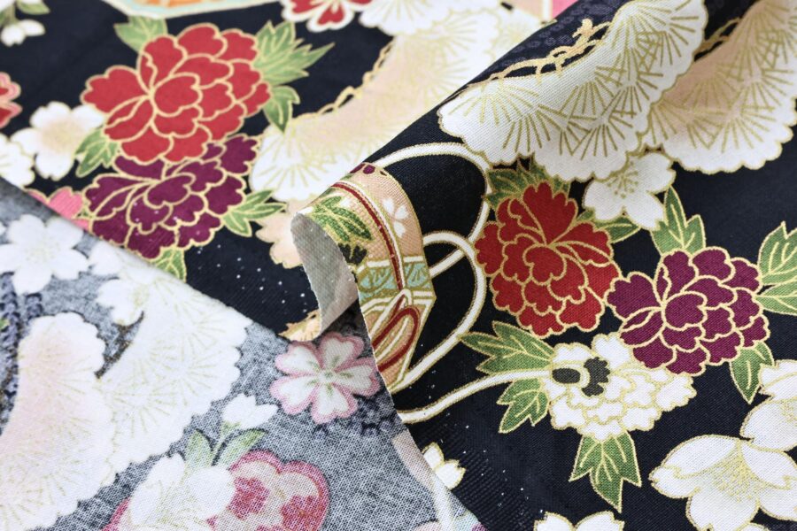 Japanese fabric Kaike with colorful flowers black background