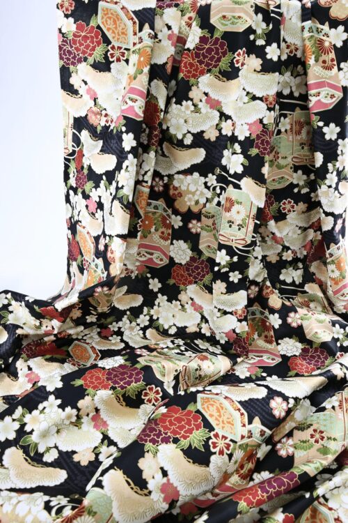 Japanese fabric Kaike with colorful flowers black background