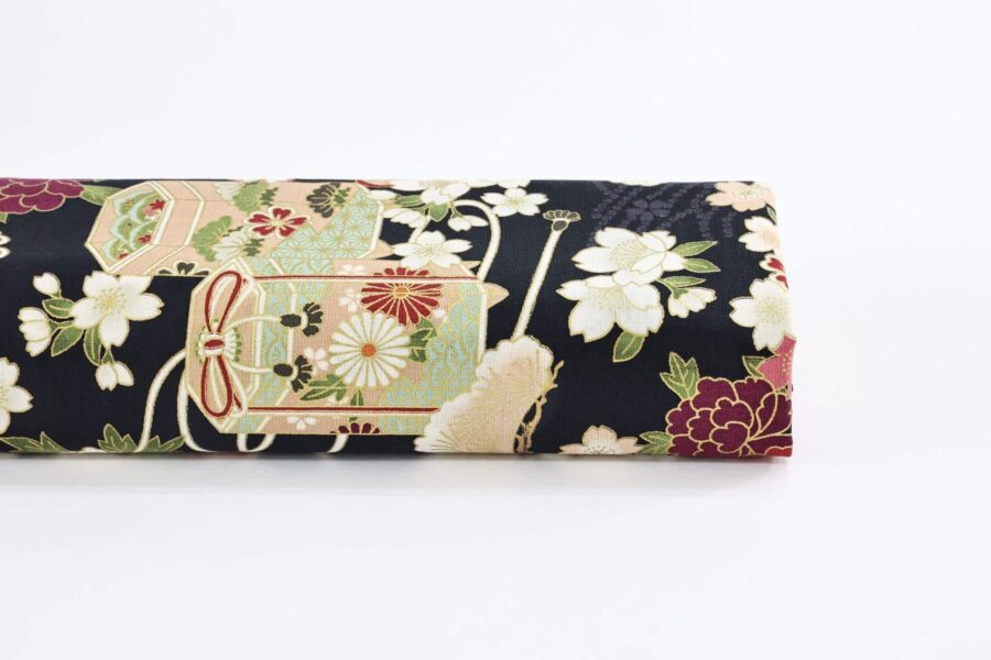Japanese fabric Kaike with colorful flowers black background
