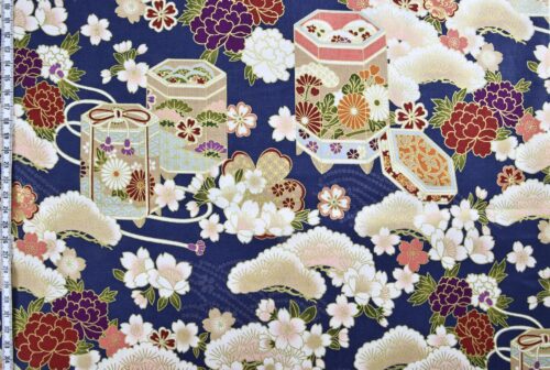 Japanese fabric Kaike with colorful flowers blue background