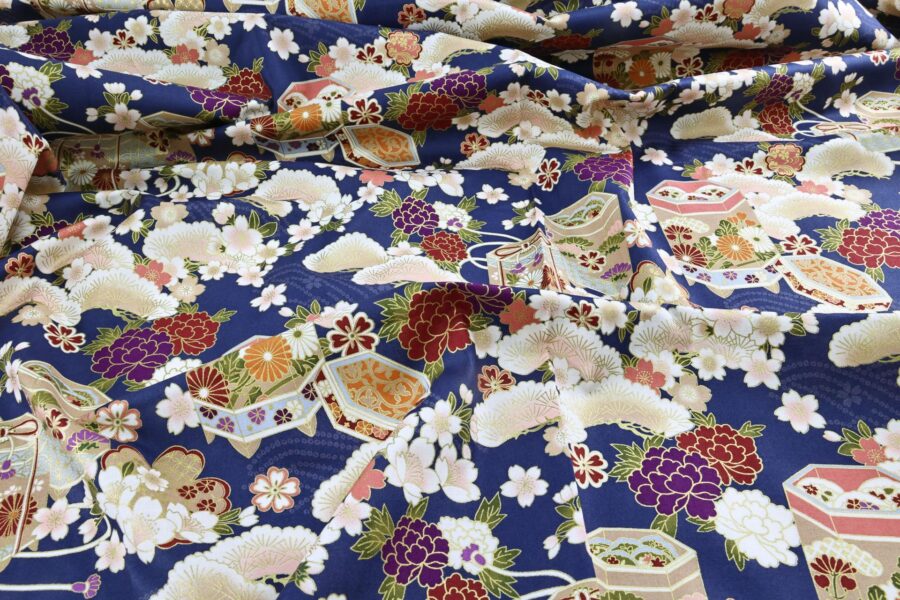 Japanese fabric Kaike with colorful flowers blue background