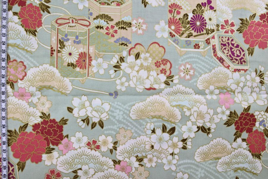 Japanese fabric Kaike with colorful flowers green background