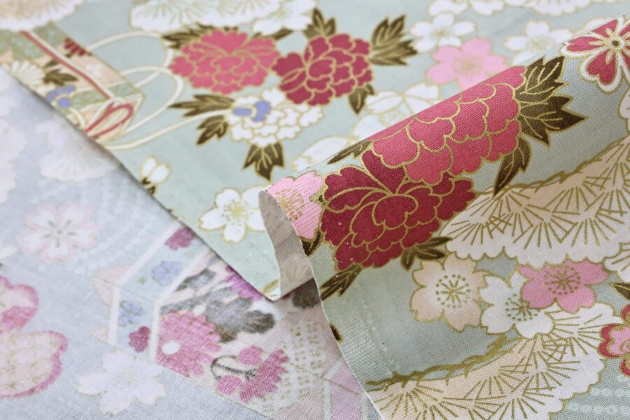 Japanese fabric Kaike with colorful flowers green background