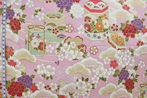 Japanese fabric Kaike with colorful flowers pink background