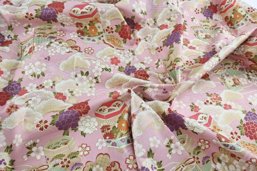 Japanese fabric Kaike with colorful flowers pink background