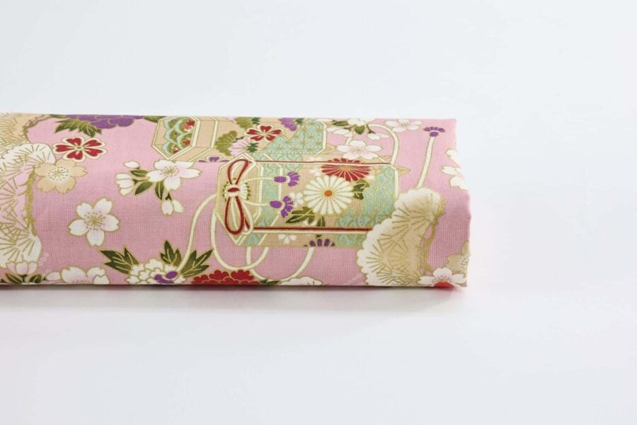Japanese fabric Kaike with colorful flowers pink background