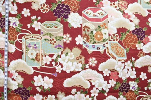 Japanese fabric Kaike with colorful flowers red background