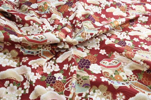 Japanese fabric Kaike with colorful flowers red background