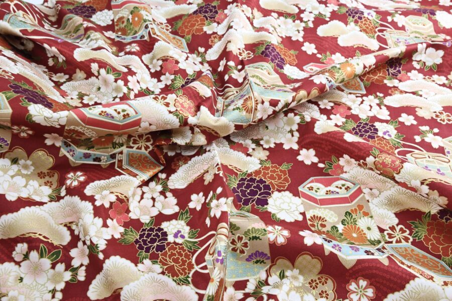 Japanese fabric Kaike with colorful flowers red background