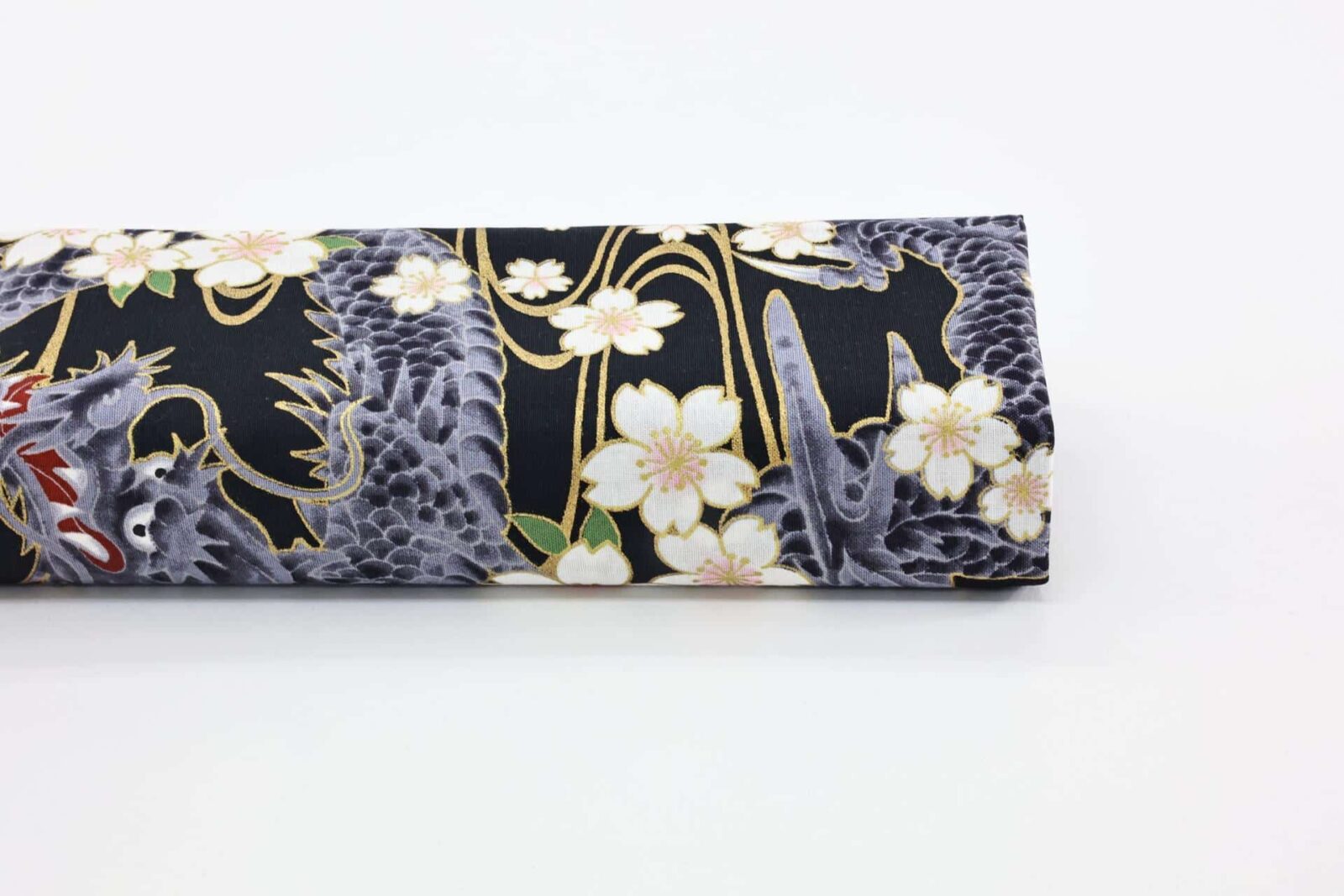 Japanese fabric golden Dragon and Sakura black background