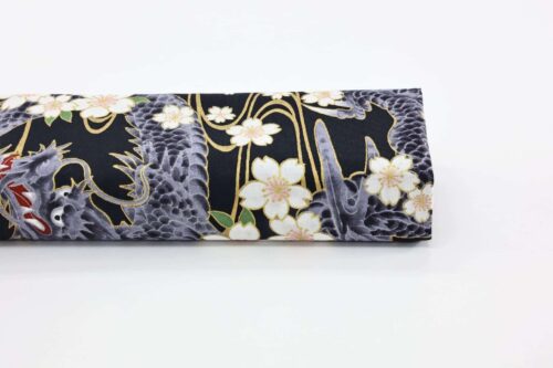 Japanese fabric golden Dragon and Sakura black background