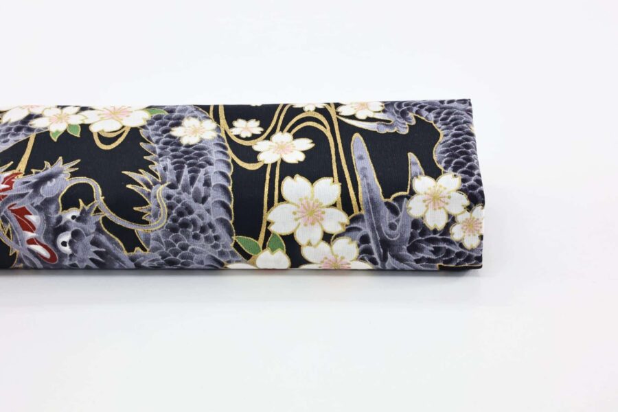 Japanese fabric golden Dragon and Sakura black background