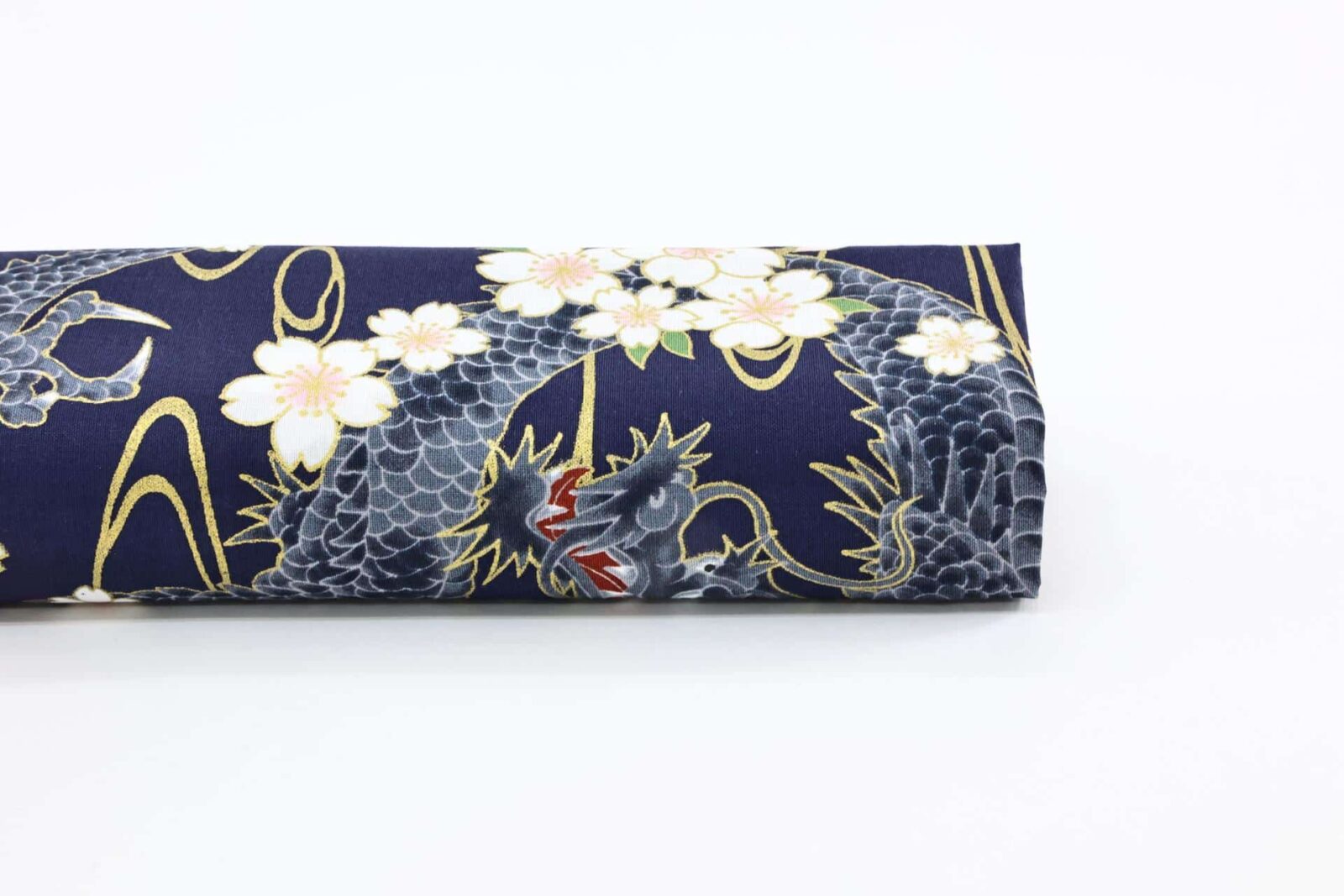 Japanese fabric golden Dragon and Sakura blue background