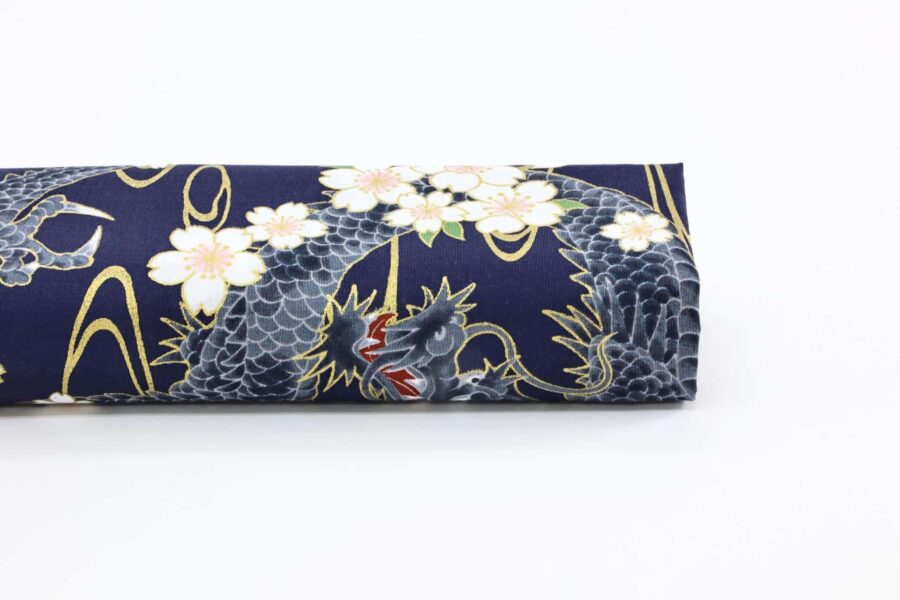 Japanese fabric golden Dragon and Sakura blue background