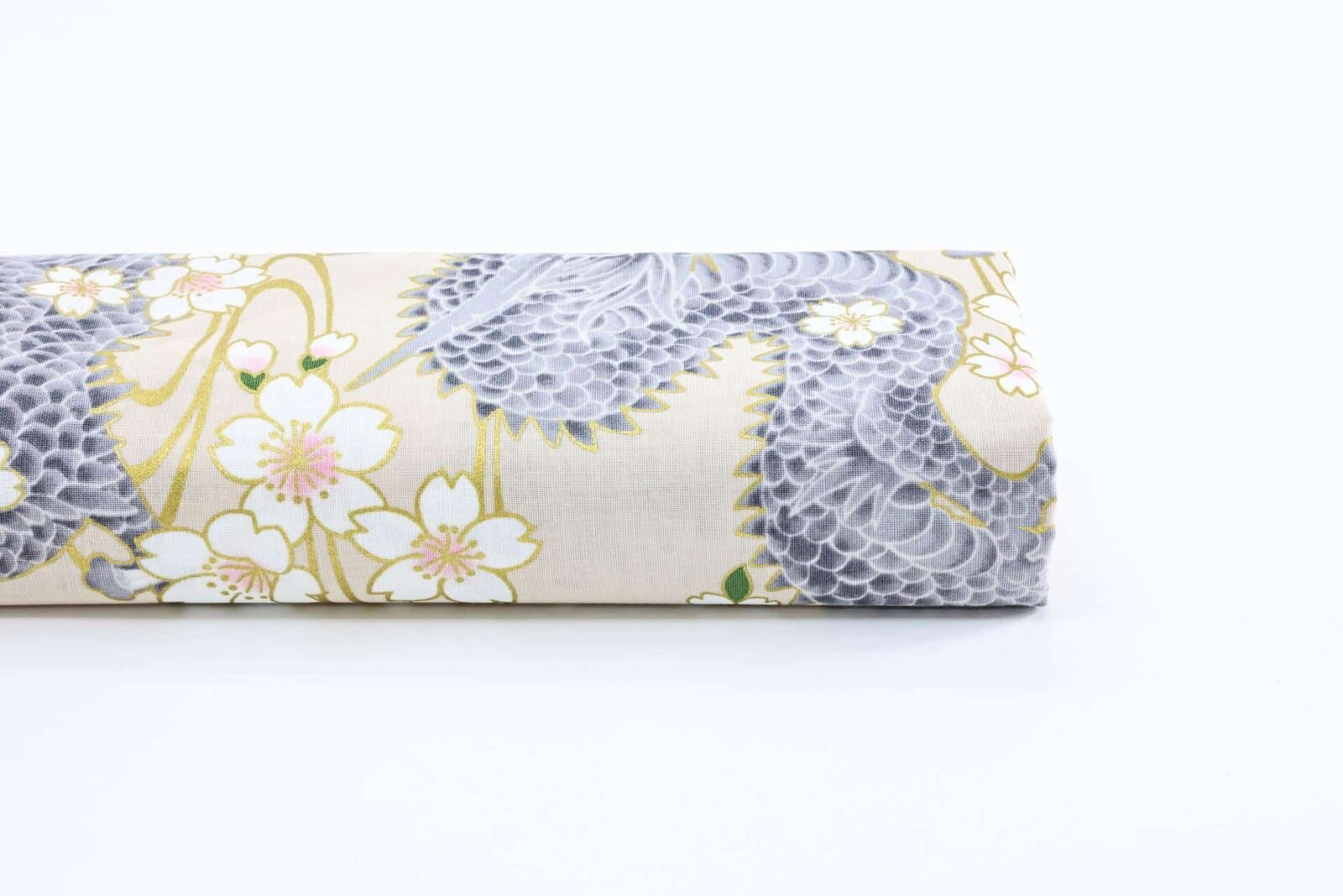 Japanese fabric golden Dragon and Sakura cream background