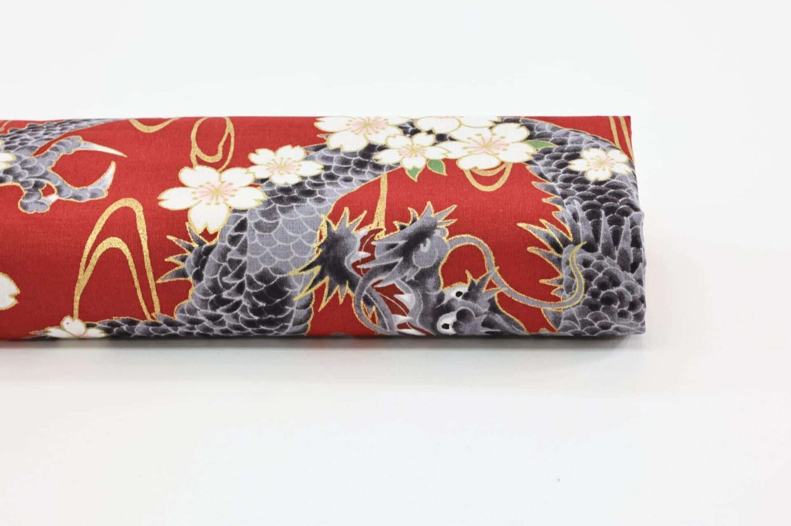 Japanese fabric golden Dragon and Sakura red background