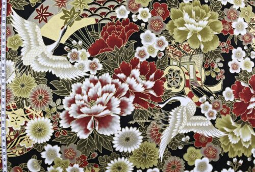 Japanese fabric Crane Hana Gosho Guruma red on black