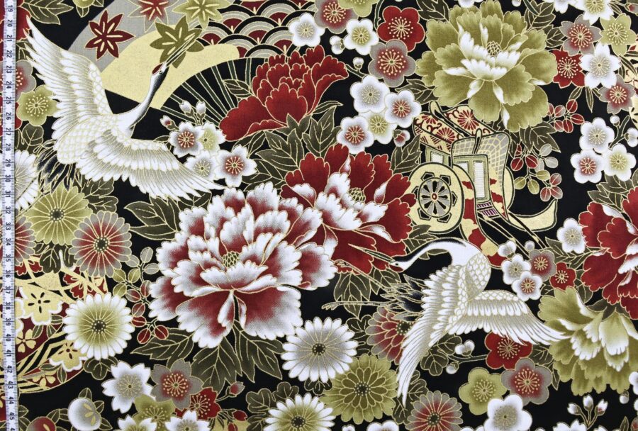 Japanese fabric Crane Hana Gosho Guruma red on black
