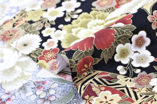 Japanese fabric Crane Hana Gosho Guruma red on black