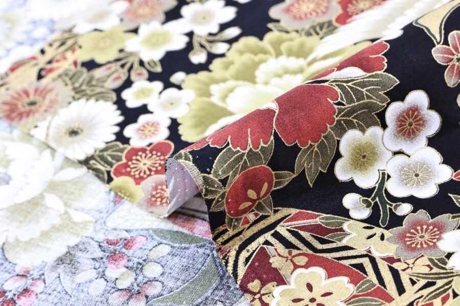 Japanese fabric Crane Hana Gosho Guruma red on black