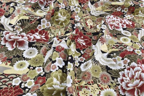 Japanese fabric Crane Hana Gosho Guruma red on black