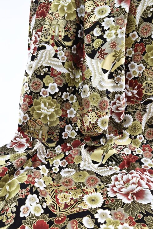Japanese fabric Crane Hana Gosho Guruma red on black
