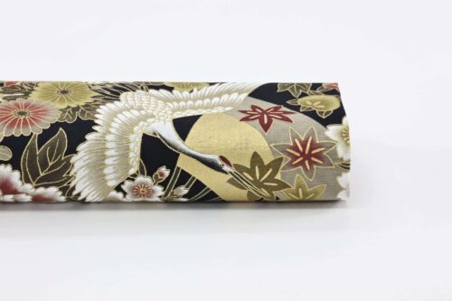 Japanese fabric Crane Hana Gosho Guruma red on black