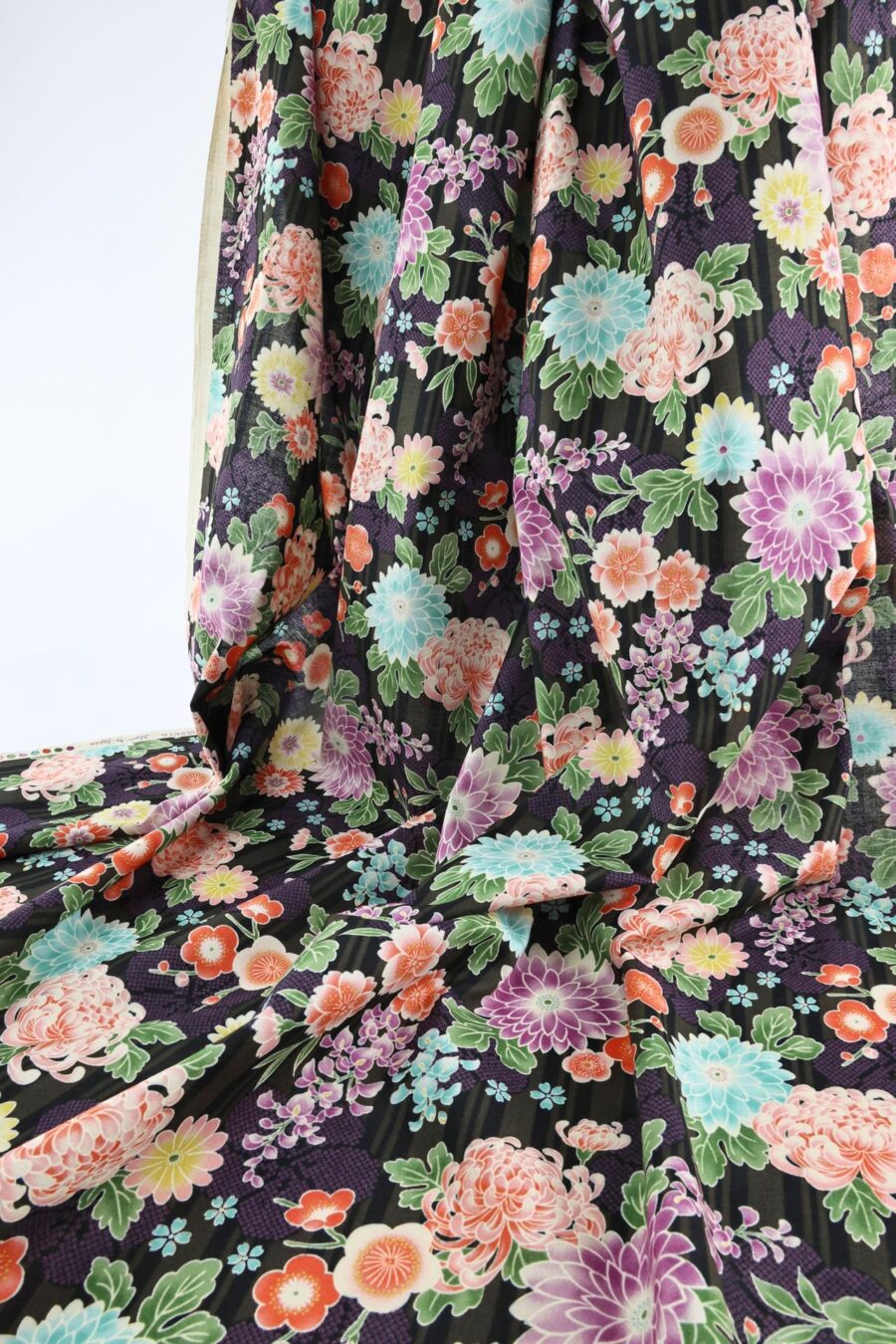 Japanese fabric with floral brilliance on black