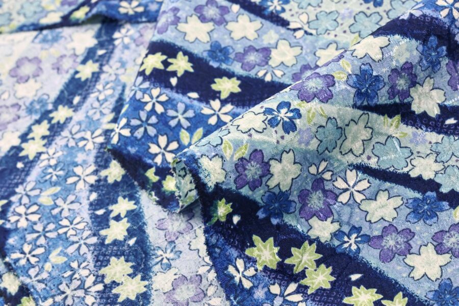 Japanese jacquard Fabric Sakura and Noshi blue