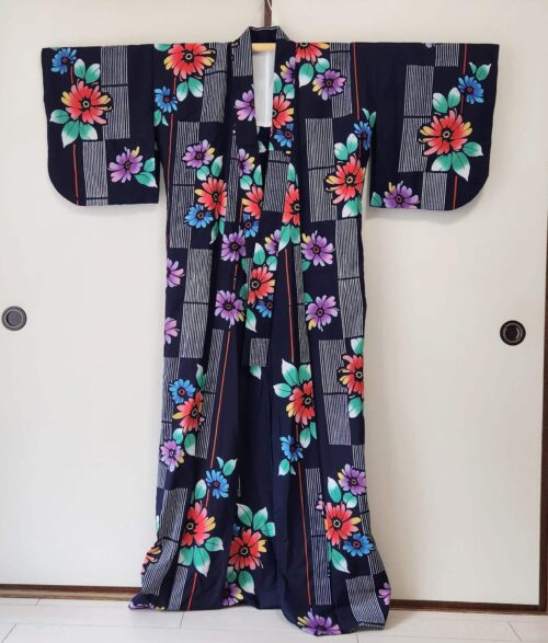 Colorful floral yukata on a dark blue background