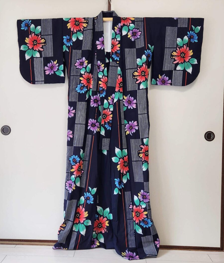 Colorful floral yukata on a dark blue background