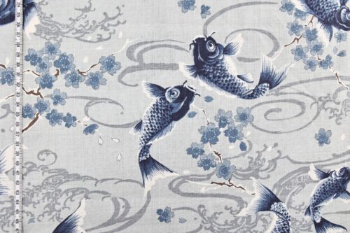 Japanese fabric carps with Sakura on grey background