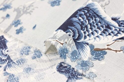 Japanese fabric carps with Sakura on grey background