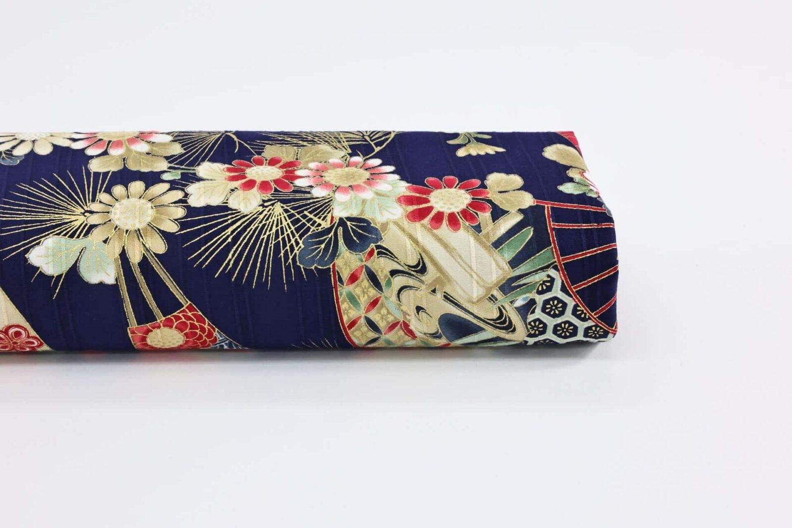 Japanese fabric fans and flowers blue background