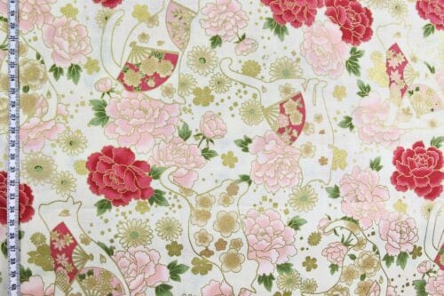 Japanese fabric cats peonies and fans ivory background
