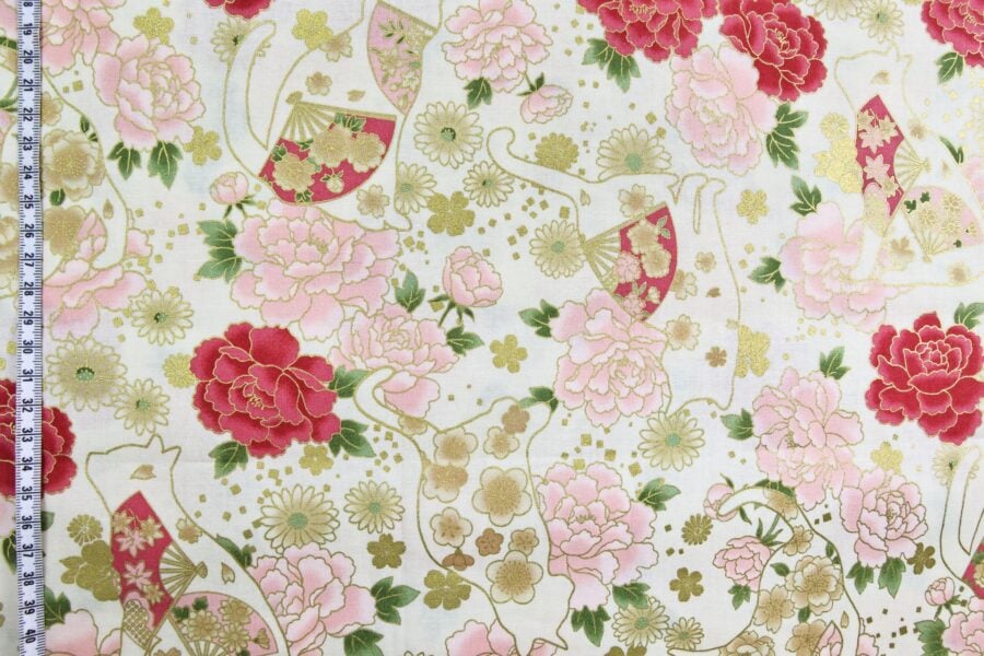 Japanese fabric cats peonies and fans ivory background