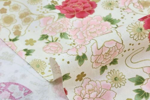 Japanese fabric cats peonies and fans ivory background