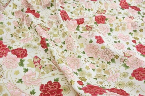 Japanese fabric cats peonies and fans ivory background