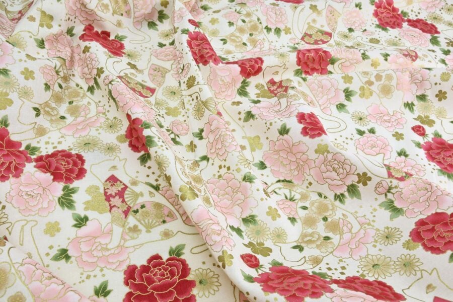 Japanese fabric cats peonies and fans ivory background