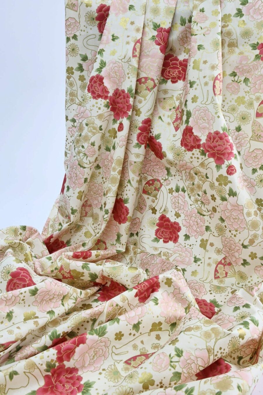 Japanese fabric cats peonies and fans ivory background
