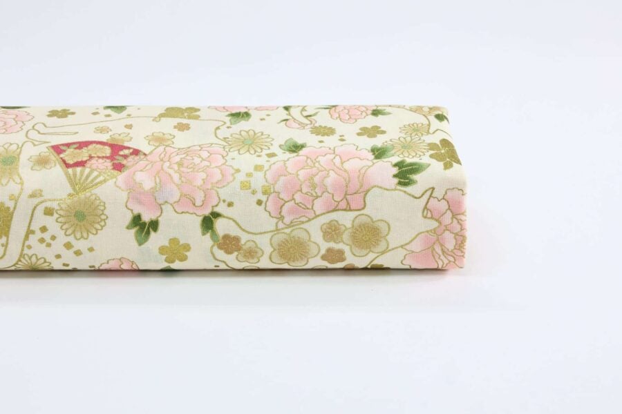 Japanese fabric cats peonies and fans ivory background