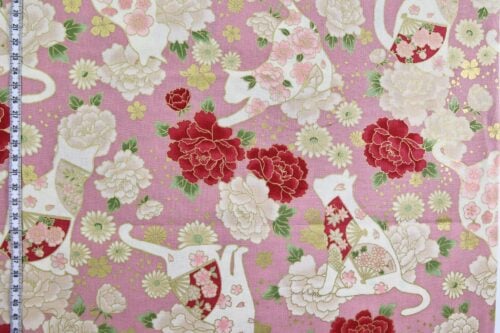 Japanese fabric cats peonies and fans pink background