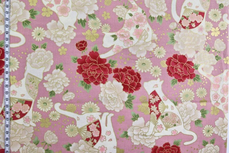 Japanese fabric cats peonies and fans pink background
