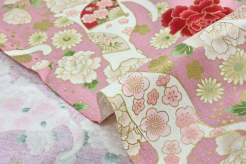 Japanese fabric cats peonies and fans pink background