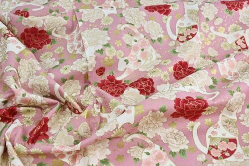 Japanese fabric cats peonies and fans pink background